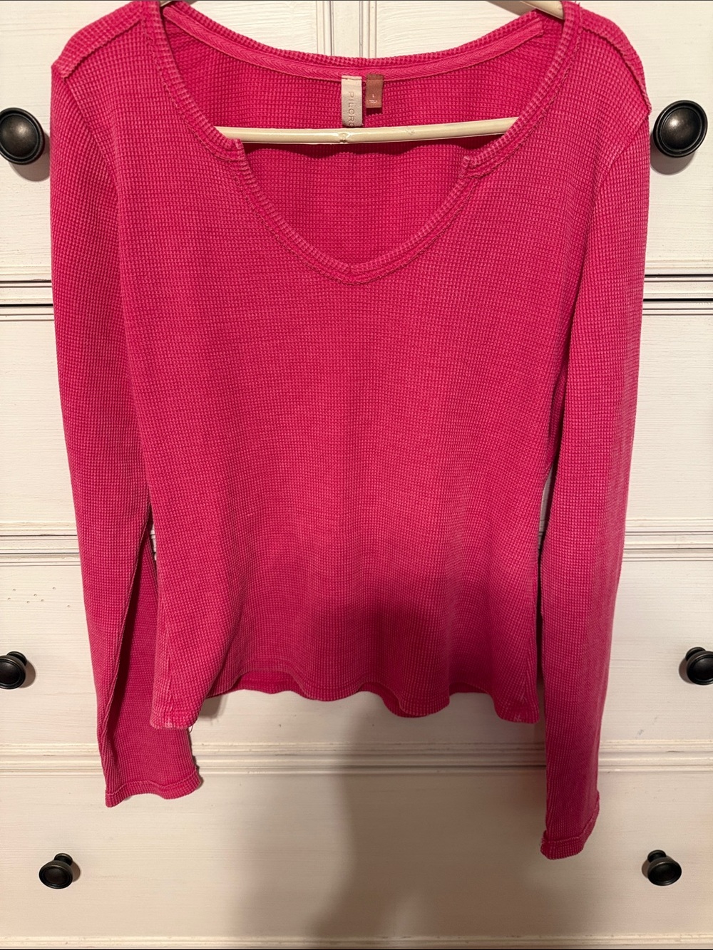 Pilcro Hot Pink V-Neck Waffle Knit Long Sleeve Top